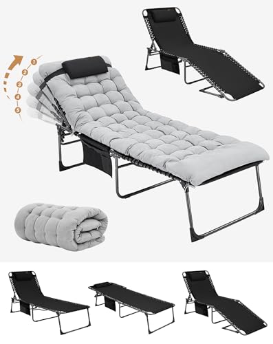 KingCamp Tumbona Plegable con Cojín Sobredimensionada Tumbona de Jardín de Algodón Cama Plegable de Camping con Respaldo Ajustable y Almohada para Vacaciones en el Jardín al Aire Libre hasta 150kg