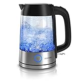Arendo - Glas Edelstahl Wasserkocher mit LED Innenbeleuchtung - 2200 Watt - 1,7 Liter - integrierter Kalkfilter - automatische Abschaltung durch patentierten Strix Contoller - Kabellos
