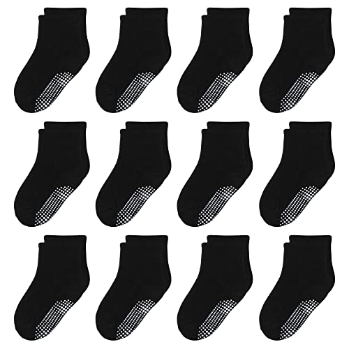 HYzgb Toddler Socks Boys 1t 2t 3t with Non Slip Grips 12 Pairs Baby Socks 12-24 Months Cotton Crew Socks for Boys 1-2-3 Years Old Birthday Gift Seamless Black