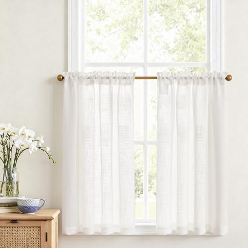 Vangao Rideau Cuisine Voilage Blanc Salon Chambre Fenetre Placard 90L x 90H cm 2 Pièces Rideau sous evier court Petit Passe Tringle Moderne Interieur Tamisant...
