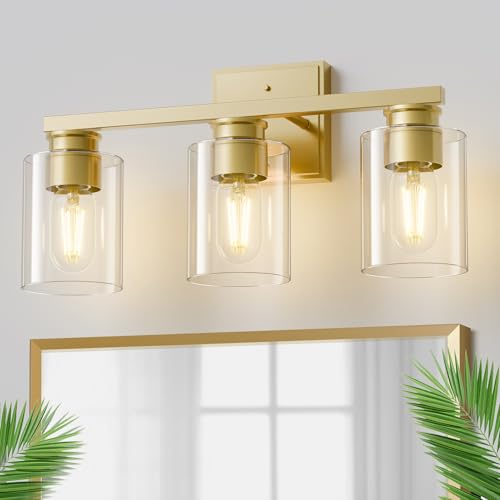 Image of L LOHAS LED 3-Light Bathroom Light Fixtures Over Mirror, 17.7-Inch Gold Bathroom Vanity Light with Clear Glass Shade, Modern Vanity Lights for Bathroom Hallway Living Room Bedroom, E26, UL Listed
