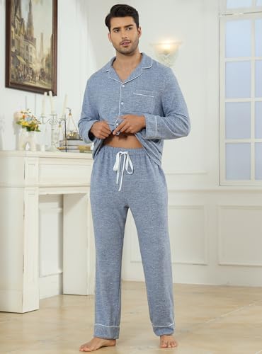 Image of Veseacky Mens Pajamas Set Long Sleeve Soft Pajamas for Men Button Down Sleepwear Pjs Lounge Sets with Pockets S-2XL