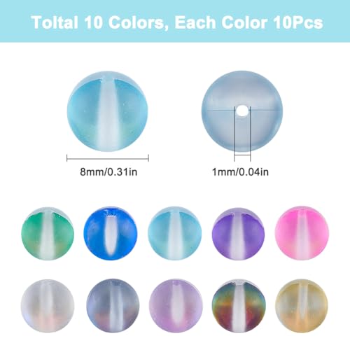 SOFPLATE 1 Box 100Pcs 8mm Moonstone Glass Bead Bulk Matte Crystal Beads 8mm Frosted Colorful Mermaid Round Glitter Shiny Aurora Loose Spacer Bead for Bracelets Jewellery Making DIY Crafts Supplies - Image 2