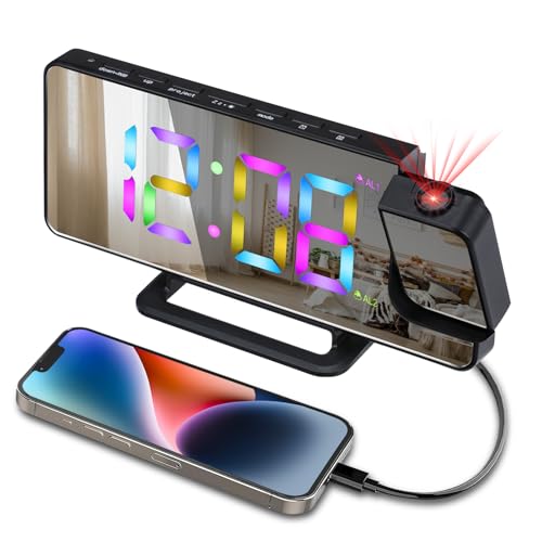 Sveglia Digitale da Letto con Proiettore, Sveglia Digitale a Specchio con LED di Proiezione Rotante a 180°, 6 Livelli di Regolazione della Luminosità Funzione Snooze Dimmer Auto per Camera da Letto