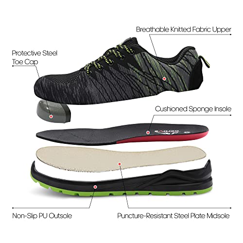 Foto von NORTIV8 Stahlkappenschuhe Arbeitsschuhe Herren Sportlich Leichte Sicherheitsschuhe Atmungsaktive Stahlkappenschuhe rutschfeste Arbeits Turnschuhe mit Stahlkappen SCHWARZ GRÜN SNIC226M-E Größe 44 (EUR)