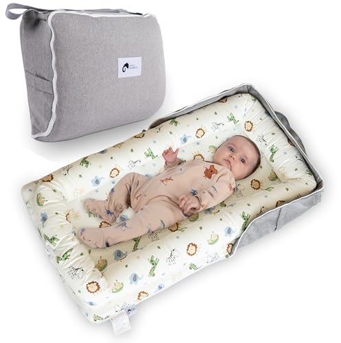 Image of Joyful Journeys Baby Lounger Diaper Bag - Portable Baby Lounger Nest | Versatile Infant Lounger Bag & Diaper Organizer | Cozy Baby Lounger Nest for Convenience | Baby Shower Gifts (Blue Zoo Animals)