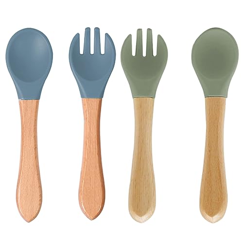 Tadipri Babylöffel Gabel, 4 Stück Baby Fütterlöffel Gabel Aus Extra Weich Silikon Und Holz, Bpa Frei, Holz Fütterungslöffel, Breilöffel, Säugling Beikost Esslöffel Für Baby & Kleinkind Säugling Kinder