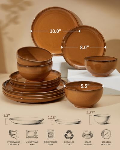 Image of Pokini Stoneware Dinnerware Sets for 4, 12pcs Plates and Bowls Sets Dishes