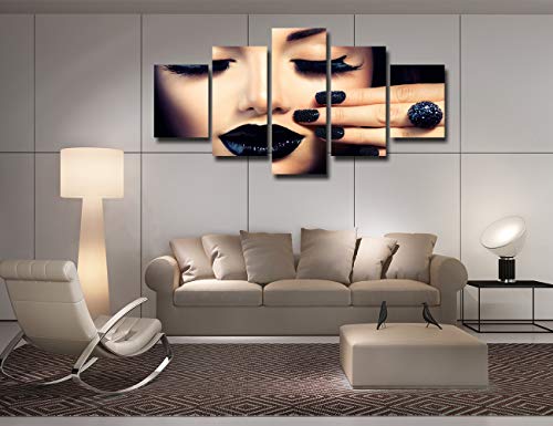 Beauty Fashion Girl With Black Makeup Canvas Art Wall Picture For Salon Decor Women Black Manicure Nail Art Poster Painting Framed Artwork Home Decorations Ready To Hang(60''Wx32''H) #TOP1