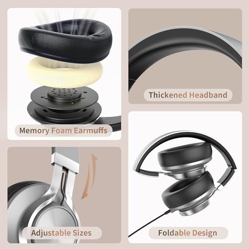 Image of AILIHEN Wired Headphones with Mic and Volume Control, Noise Isolation Over Ear Headphones for Adults&Teens, Foldable, Adjustable, Soft, Braid 3.5mm for Travel /Online Meeting /Remote Learning-Grey Black
