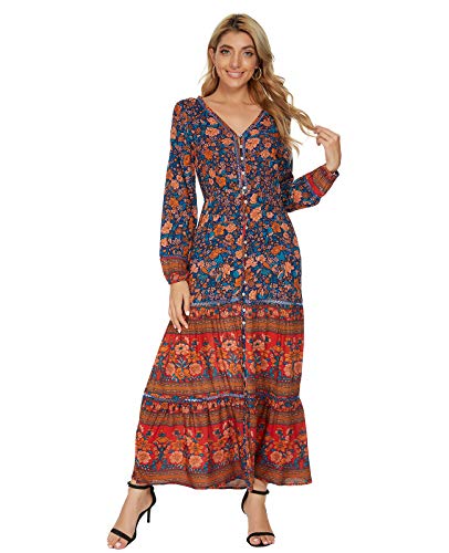 MINTLIMIT Kleider Damen Herbst Midi Wickelkleid Kleid mit Blumen-Muster Langarm Retro V-Ausschnitt Elegant Kleider A-Linie Maxikleid Vintage Dress