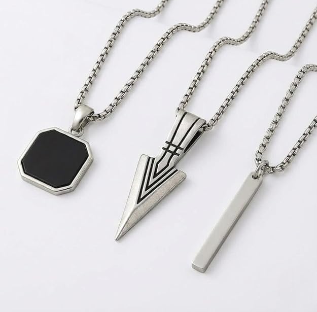 Pack of 3 Stainless Steel Pendant Locket Set, Square, Arrow and Bar Charm, Unisex-image-41
