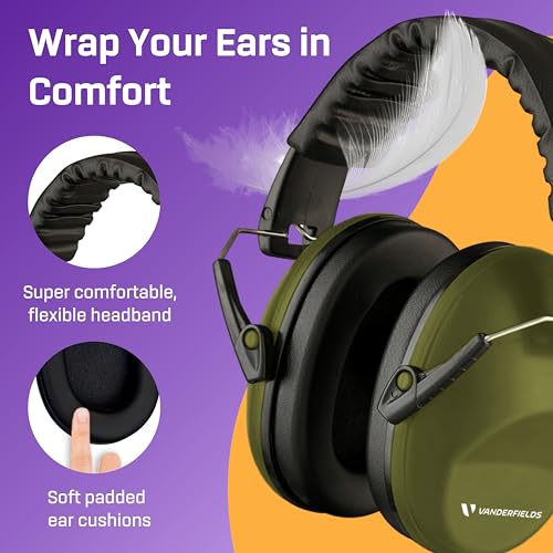 Vanderfields Premium Hearing Protection Ear Muffs - Broad Spectrum Sound Reduction 33.2dB at 2K Hz Noise Cancelling - Headset Safety Noise Cancellation - Headphones Adults and Teens - Green