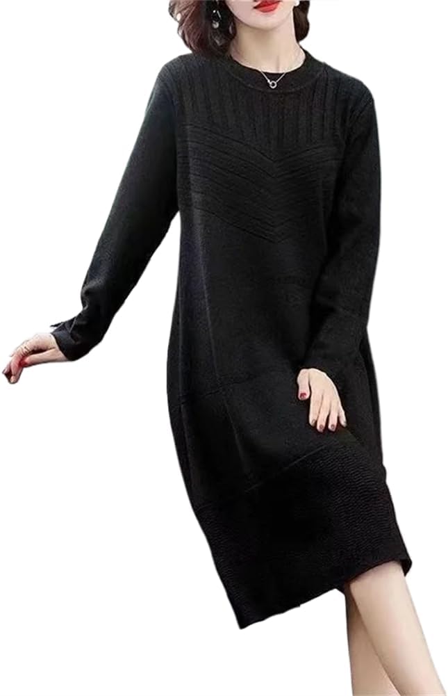 LIXINGHEITANG Autumn and Winter Style Neck Stripe Solid Color Medium Length Knitted Sweater Dress