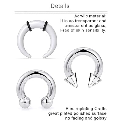 Dyknasz Septum Pincher Tapers 14G 12G 8G 6G 4G Large Septum Rings Internally Threaded Spike Horseshoe Barbell Stainless Steel & Acrylic C Shape Buffalo Stretcher Expander Septum Stretching Kit