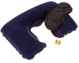 Inflatable Travel Neck Pillow Set With Sleep Eye Mask And Noise Cancelling Ear Plugs - With Bonus Travel Guide - Great For Traveling By Planes Trains And Automobiles