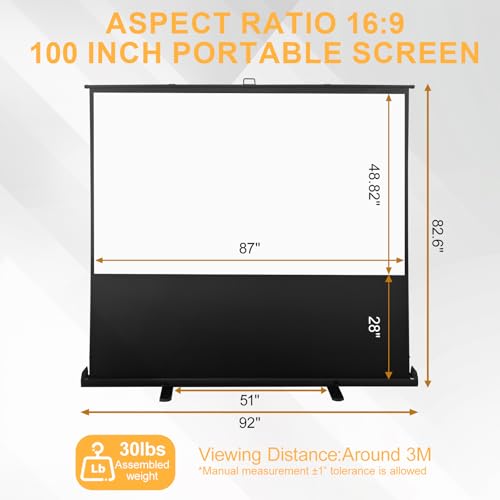 Image of LIHONG Screen 100 inch 16:9 Portable Manual Pull Up Floor Rising Projector Screen Indoor & Outdoor HD Matte White for Long Standard Projection Fast Setup for Home Theater Movies,Classroom,Office