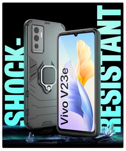 Image of WOW IMAGINE Shock Proof Back Case Mobile Cover for Vivo V23E 5G | for Vivo Y75 4G (Tough Armor | Hybrid PC + TPU | Full Protection with Ring Holder & in-Built Kickstand | Black)