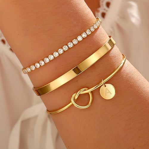 Gold Initial Bracelets for Women - Dainty Gold Bangles Bracelets for Women Personalized Initial Bracelet Stackable Gold Knot Cuff Tennis Bracelet Gold Jewelry Bridesmaid Proposal Wedding Gifts2