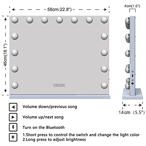 Manocorro Vanity Mirror With Bluetooth Speaker And Lights, Hollywood Makeup Mirror, Large Vanity Lighted Mirror With 15 Led Bulbs, 3 Color Modes, Usb Port, Tabletop Or Wall-Mounted, 23X18 Inch #TOP3