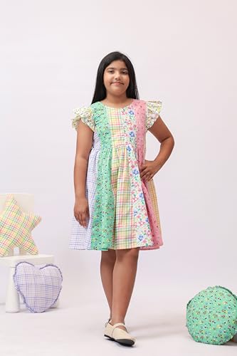 Image of Kids Girls Printed Embroidered Fusion Dress | Handmade Crafted Designer Ethnic Wear | 100% Cotton