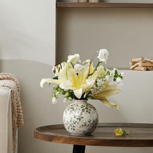 Image of Ceramic Flower Vase | Farmhouse Green Rustic Vase for Home Decor, Vintage Floral Pottery Tuscan Round Vase for Living Room & Kitchen, Mantel & Bookshelf, Centerpieces, Entryway, Wedding(5.9 Inch)
