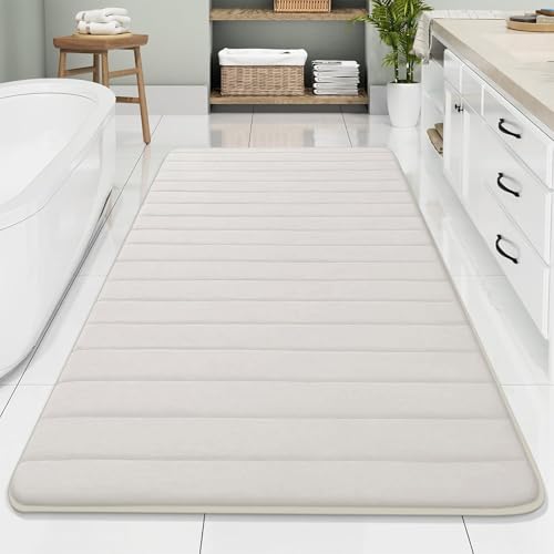 Image of Buganda Memory Foam Bath Mat, 70 inch x 34 inch, Ultra Soft and Non-Slip Bathroom Rugs, Water Absorbent and Machine Washable Bath Rug Runner for Bathroom, Shower, and Tub, Cream