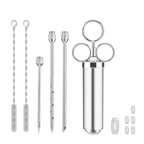 Venprodium Seringue Alimentaire de 60 ml, Injecteur de Viande en Acier Inoxydable, Seringue à Marinade avec 3 Aiguilles et 2 Brosse de Nettoyage, Assaisonnement Facile à Charger, pour Boeuf, Poulet