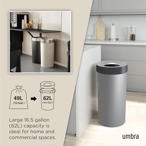 Image of Umbra Vento Kitchen Trash Can, Open Top Bin, 16.5 Gallon, Grey /Nickel | Brushed metal accents, bag concealing design, easy wipe clean, fits home and office, durable plastic