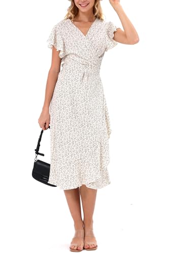 Image of Women's Summer Wrap Maxi Dress Casual Boho Floral V Neck Short Sleeve Ruffle Hem Split Beach Long Dresses