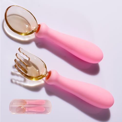 Image of Oligey Toddler Bendy Feeding Spoon and Fork Set in Box for Baby Independent Dinning Learning in Any Angle,the Self Feeder Utensils Have Pliable Silicone Grip and Gum-Friendly PPSU Head for Child Snack