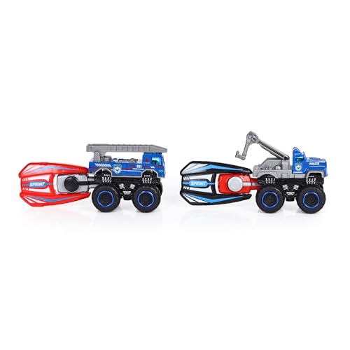 Image of Die-Cast Alloy Monster Police Truck Set of 4 with Manual Launcher | Metal Mini Monster Vehicle Toy Cars | Multicolor Pull-Back Friction Trucks for Kids Aged 3+ Years