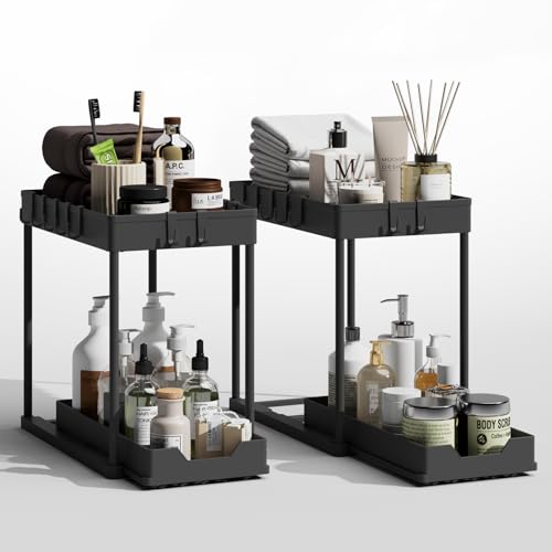 Under Sink Organizer 2 Pack,Bathroom Under Cabinet Storage with Pull Out Sliding Drawers for Kitchen Organization,12.8 Inch,Black