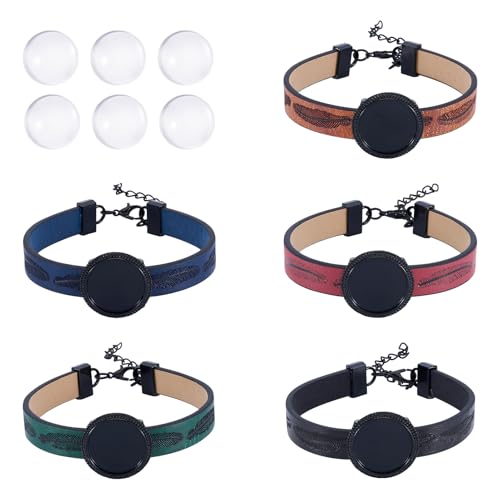 Cabochons en verre effet loupe avec base cuir noir pour pendentifs ronds x5