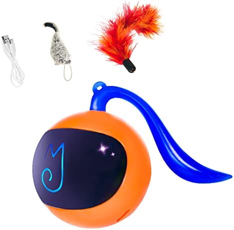 Migipaws Cat Toy, Automatic Moving Ball Bundle Classic Mice + Feather Kitten Toys in Pack. DIY N in 1 Pets Smart Electric Teaser, USB Rechargeable (Orange)