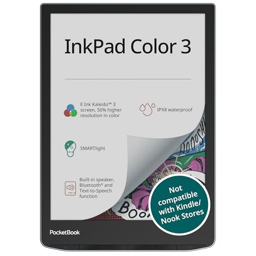 PocketBook InkPad Color 3 E Ink E-Reader 32GB - Enhanced 7.8'' Color E-Paper Display-Eye-Friendly Audio-Book & E-Book Reader-Text-to-Speech-SMARTlight, Bluetooth, Built-in Speaker-Waterproof