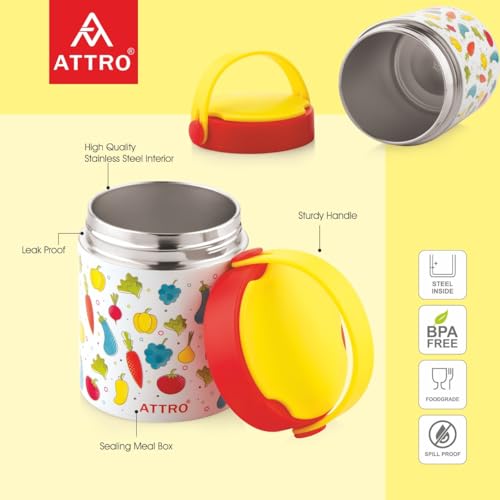 Image of ATTRO Happy Go Vacuum Insulated ISI Certified Stainless Steel Soup Jar 500ml, Leakproof, Long Temperature Retention for Kids & Adults,Ideal for School,Office,Picnic & Travel - Fruity Veggie Fun Yellow