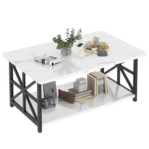 Image of AWQM Faux Marble Coffee Table for Living Room with Round Corners,2 Tier Living Room Table with Storage Shelf,Rectangular Coffee Table Center Table for Small Spaces,White