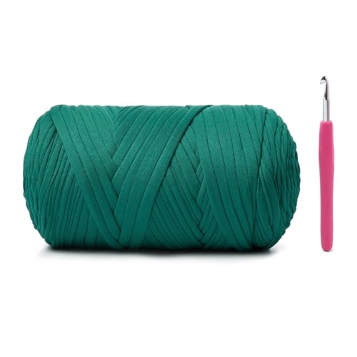 Image of Soft Tshirt Crochet Yarn, 400g /114yds High Elastic Hand Knitting Yarns, Thick T Shirt Yarn for Crocheting Bags, Baskets, Cushions, DIY Crafts(Peacock Green)