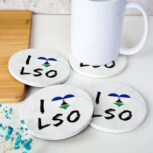 Lot de 4 sous-verres ronds en céramique avec motif drapeau national du Lesotho avec inscription « I Love Lesotho » - Pour décoration de cuisine, table basse