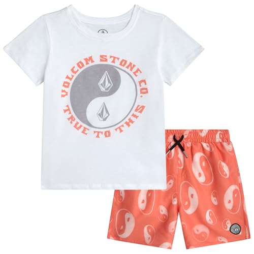 Image of Volcom Baby Boys Swim Set - 2 Piece Short Sleeve Swim Shirt Graphic Tees & Board Shorts - Infant Toddler Little Boys Swimsuit
