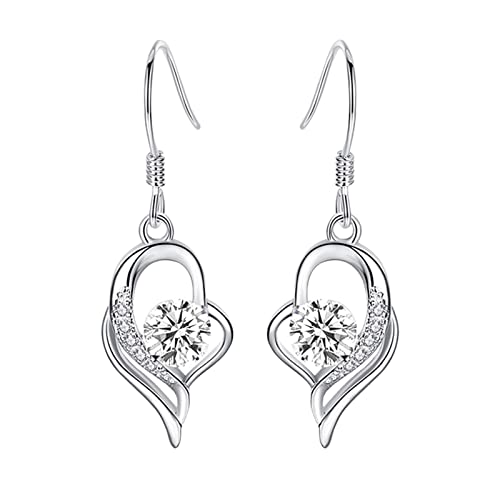 Sterling Silver Earring For Women Hoops,Silver Heart Dangle Earrings Dainty Diamond Hook Earrings,Hypoallergenic Cubic Zirconia Dangle Drop Earring,Classic Fashion Twisted Linear Earrings