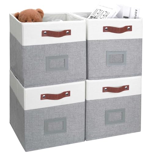 Febzoce Storage Box, Storage Cubes for Unit Shelves Collapsible Open Fabric Bins with Label Holder for Home and Office Grey & White 30 x 30 x 30 cm, 4 Pack