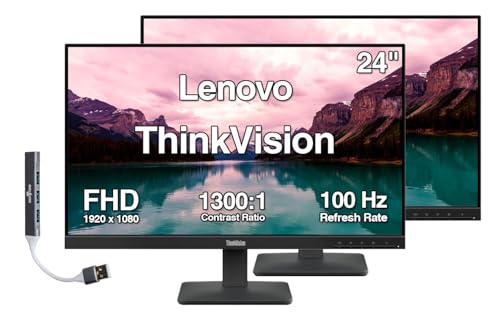Image of Lenovo ThinkVision 24 inch FHD IPS Monitor with 4ms Response Time, 100 Hz Refresh Rate, Anti-Glare, Flicker Free, VESA Mount (100mm), HDMI & Dockztorm USB Port Expander, Black 2 Pack