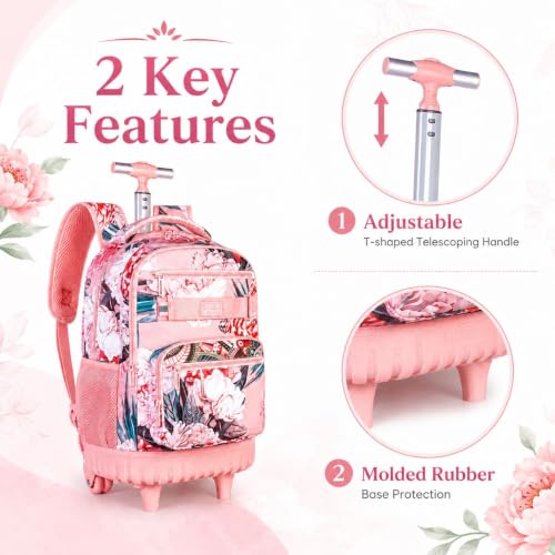Image of 3Pcs Rolling Backpack for Girls Women, Travel Roller Backpacks with Wheels for Adults, Teens College Folwer Wheeled Bookbag with Lunch Box(Pink)