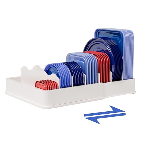 SWOMMOLY Expandable Food Storage Container Lid Organizer, Includes 6 Adjustable Dividers, 30 Preprinted and Blank Writable Labels, White by SWOMMOLY - Used condition - US$10.99