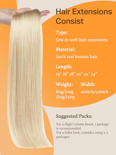 Image of DOORES Sew In Hair Extensions Real Human Hair, Light Blonde Highlighted Golden Blonde 18 Inch 100g, Hand Made Sew In Weft Extensions