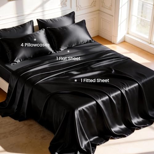 Image of Love's cabin Satin Full Sheets Set - 6 Piece Black Silky Bed Sheets Set with Deep Pocket, Luxury Silk Feel Satin Full Size Sheet Set (1 Flat Sheet,1 Fitted Sheet,4 Pillow Cases)