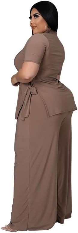 Wide Leg 2 Piece Outfits for Women Sweatsuit Sexy Short Sleeve Split Shirt Pant Set Casual Tracksuits - Image 2