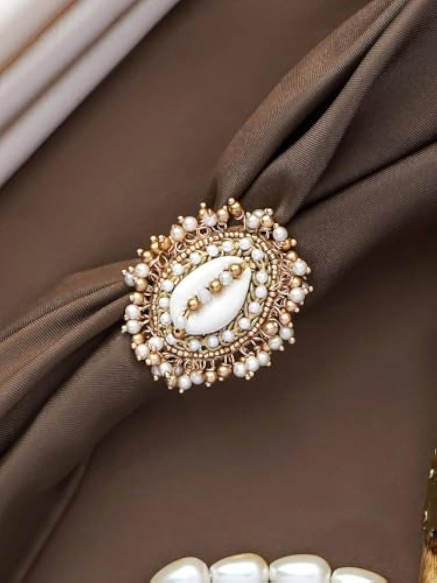 Women's Embroidered Shell & Beaded Adjustable Statement Ring, Ethnic Gift